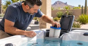 Mesa hot tub owner checking the filter and water condition while troubleshooting a common hot tub problem.