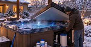 Mesa hot tub owner preparing a backyard spa for cooler winter weather by checking the cover, water chemistry, filter, and equipment