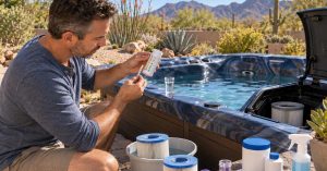 Tucson hot tub owner checking water chemistry and cleaning the spa filter as part of a seasonal maintenance routine
