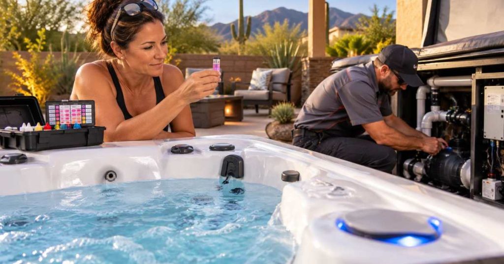 Tucson hot tub owner testing spa water while a professional technician inspects pumps and equipment during routine hot tub maintenance.